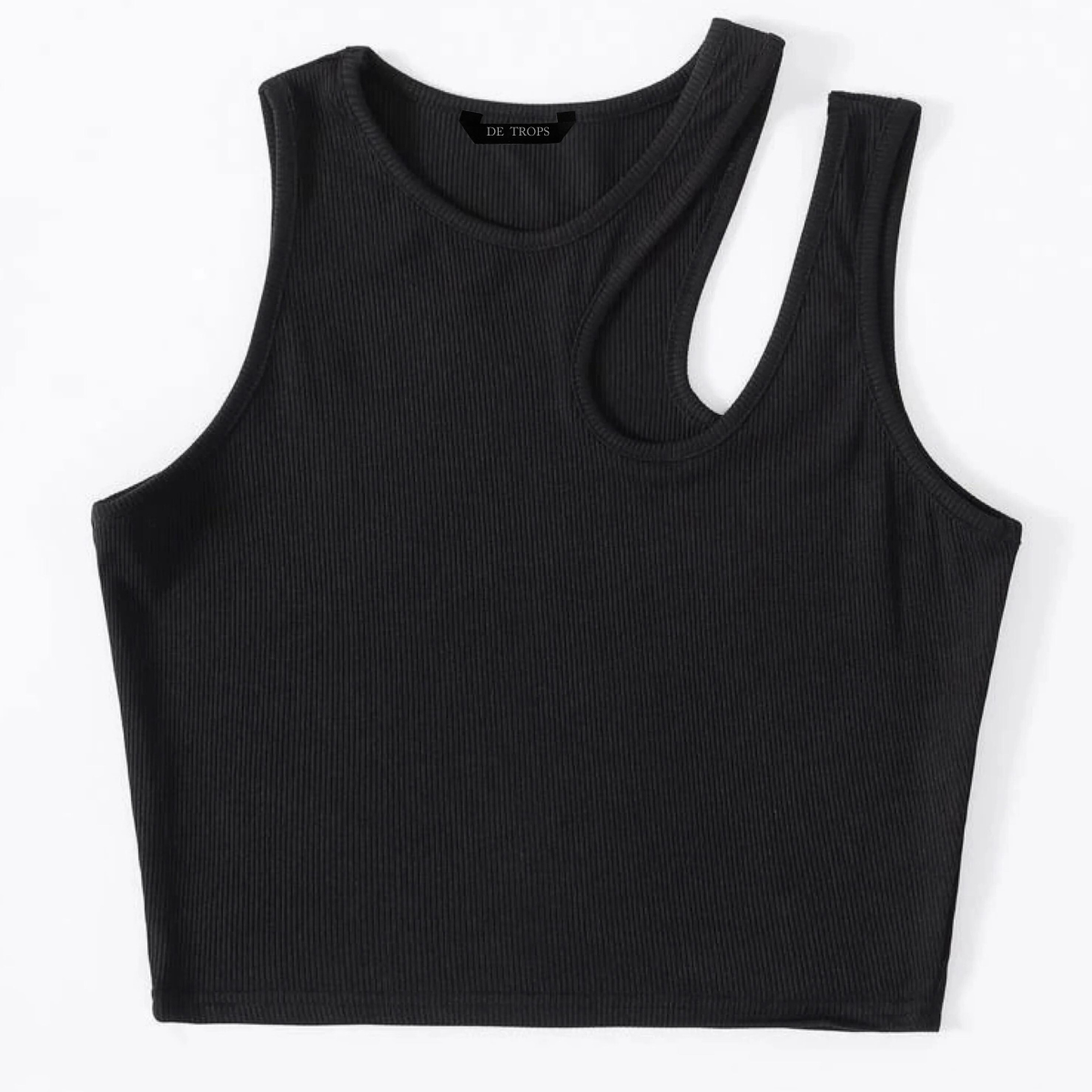 Black Asymmetrical Neck Rib Fitted Tank Top