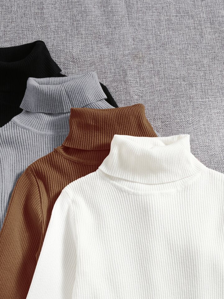 4pcs Solid Turtleneck Ribbed Knit Sweater