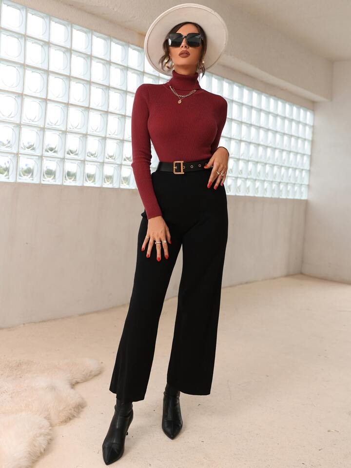 Maroon High Neck Rib Knit Sweater