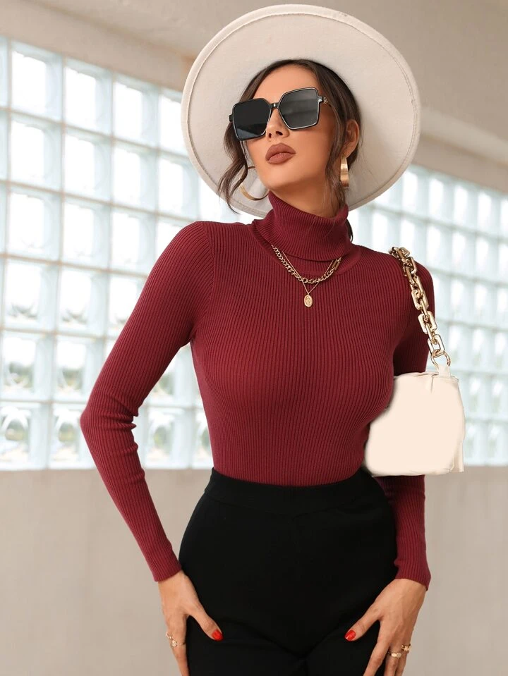 Maroon High Neck Rib Knit Sweater