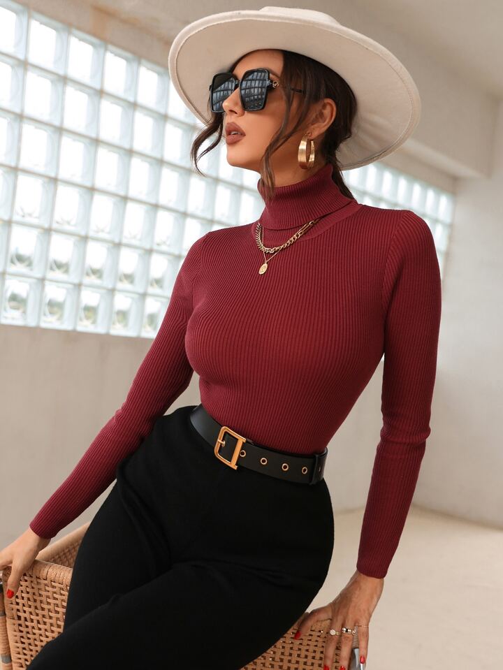 Maroon High Neck Rib Knit Sweater