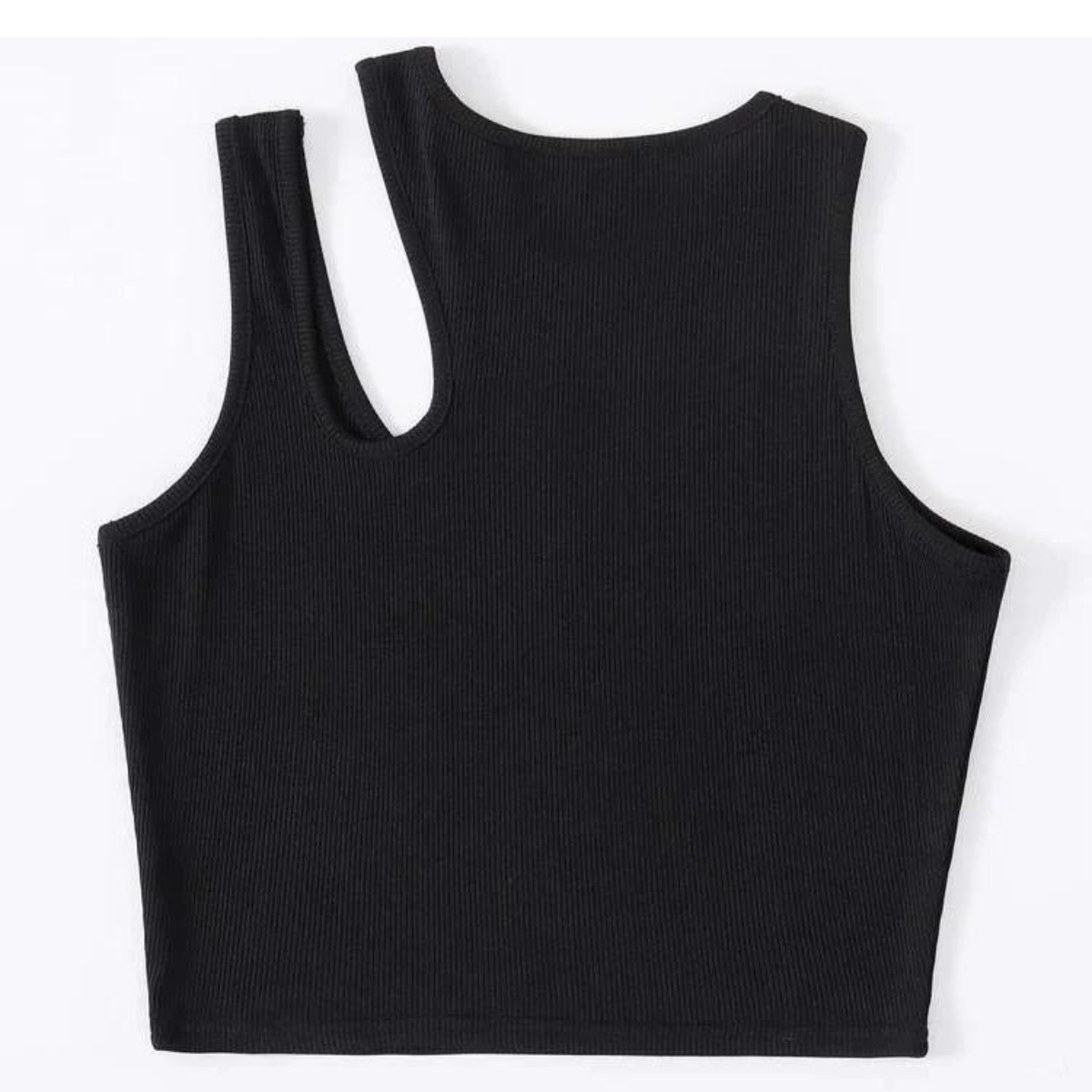 Black Asymmetrical Neck Rib Fitted Tank Top