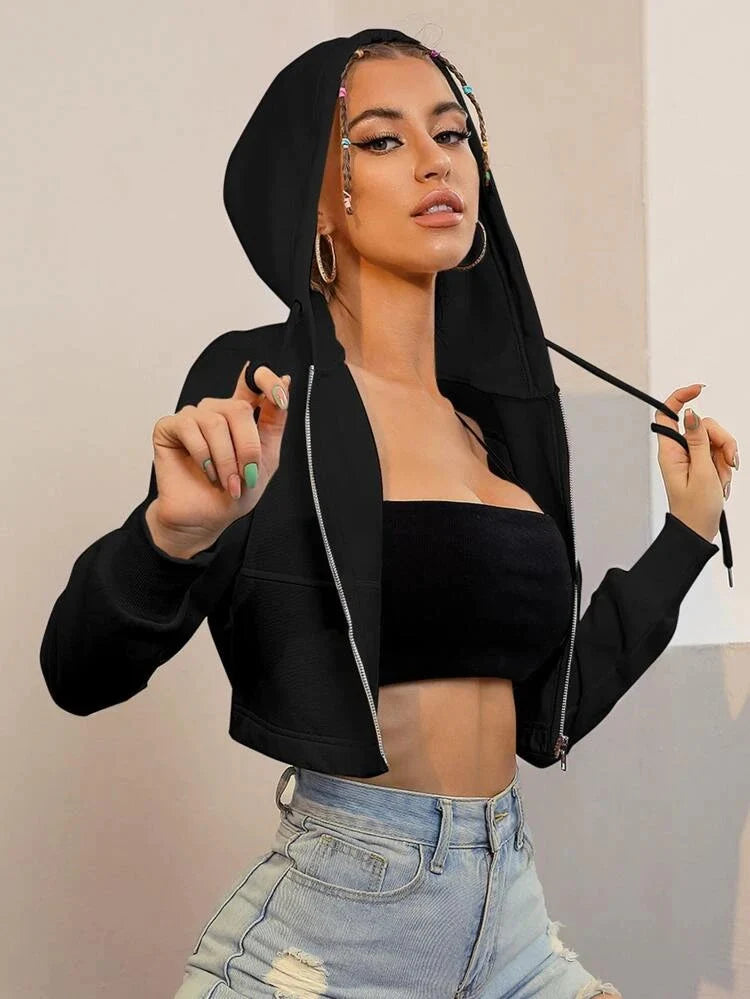 Solid Black Zipper Crop Hoodie