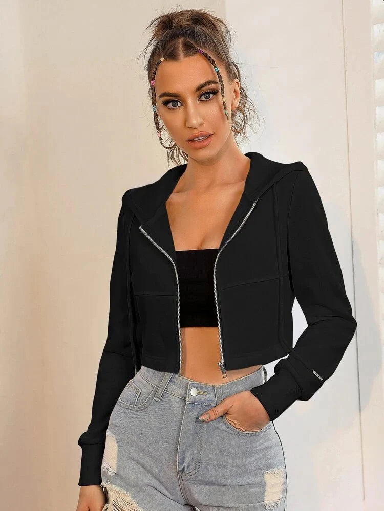 Solid Black Zipper Crop Hoodie