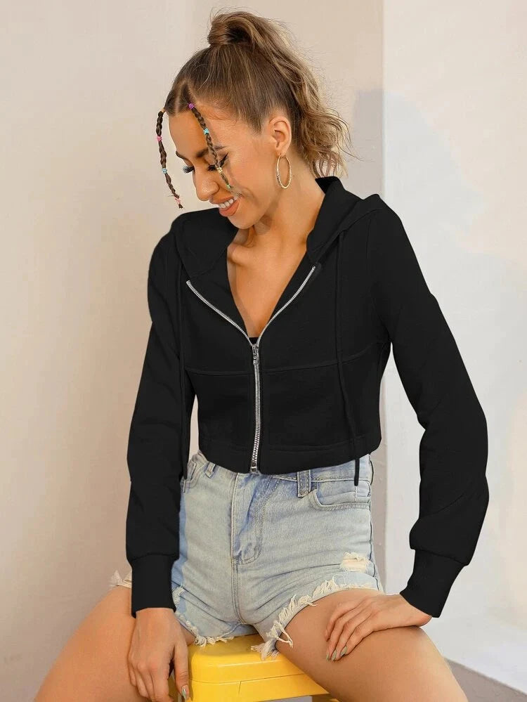 Solid Black Zipper Crop Hoodie