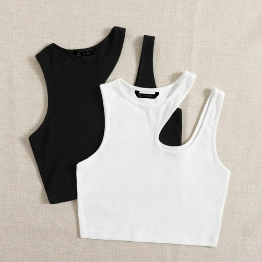 Pack Of 2 Asymmetrical Neck Rib Fitted Tank Tops